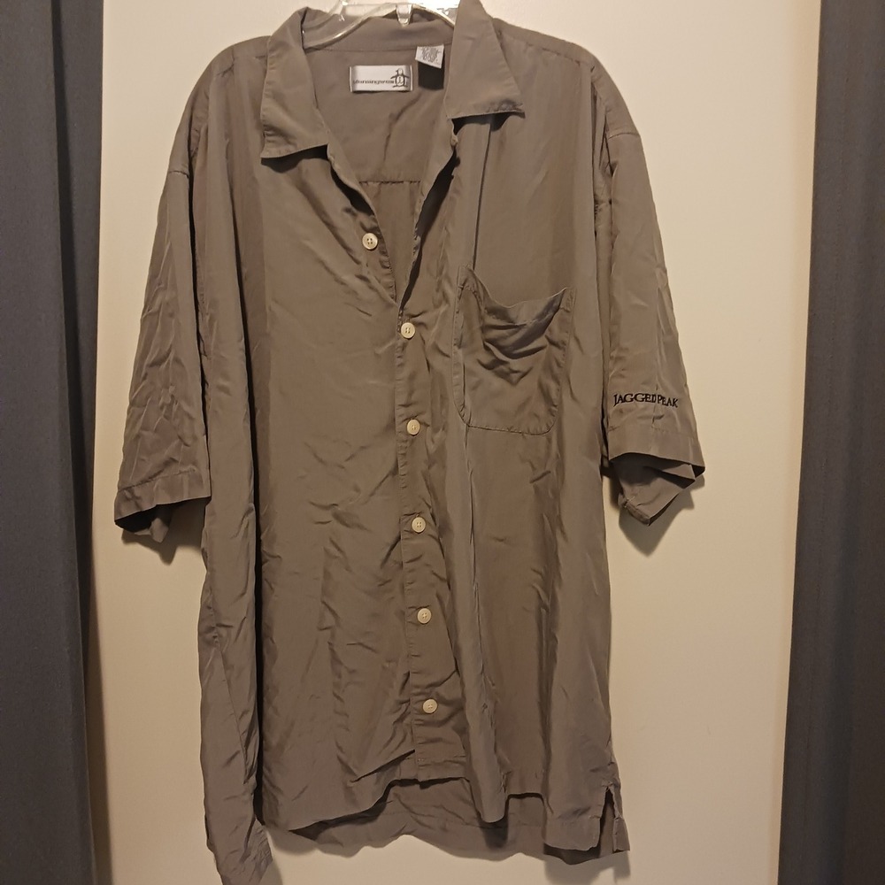 Munsingwear‎ Mens XL Short Sleeve Button Down Shirt Tan Jagged Peak  Rayon